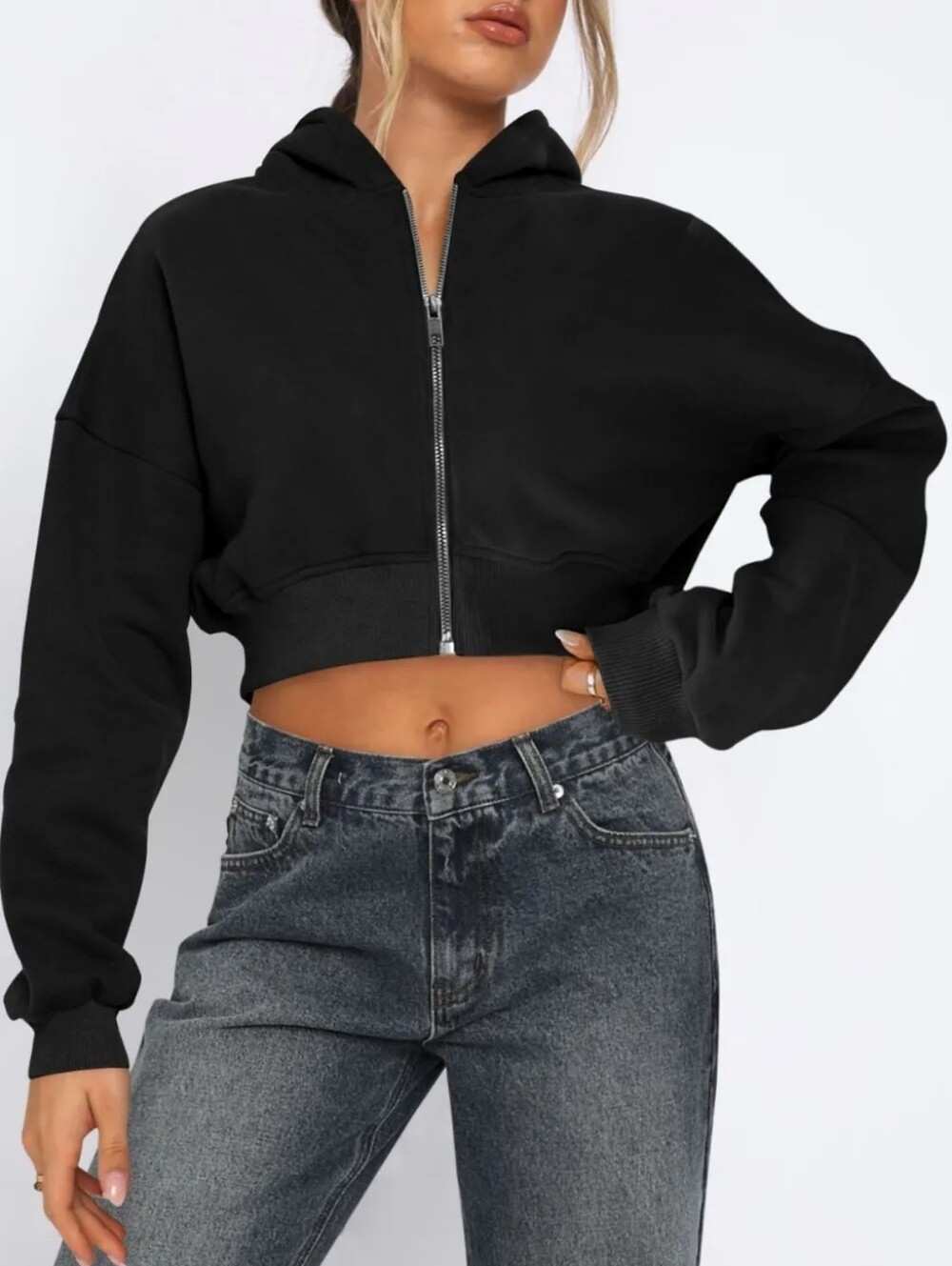 Black Cropped Hooded Zip-Up Jacket